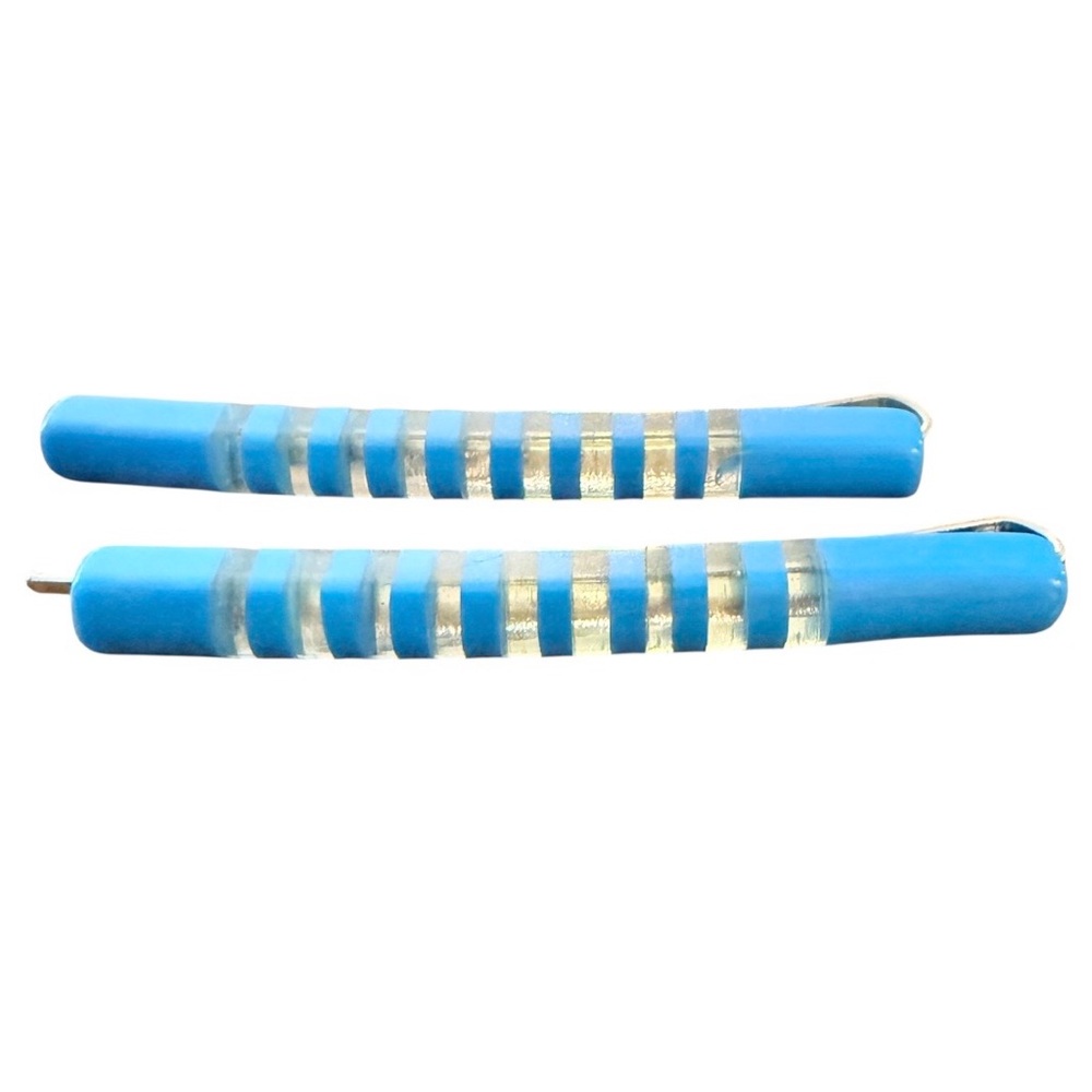 1970’s Blue and Clear Striped Bobby Pins Barrettes, 2.5” Long, Deadstock